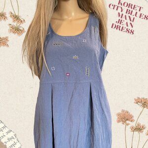 Vtg Koret City Blues Denim Jumper Dress L Sleeveless Emboridered Patriotic 2000s